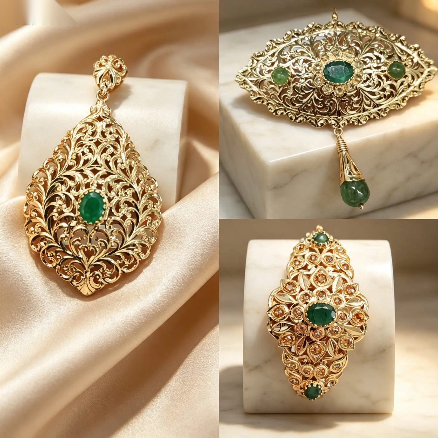 Trois bijoux en or 18 carats sertis d'émeraudes