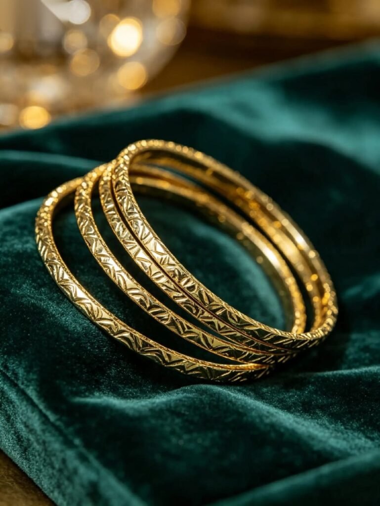 Trio de joncs en or 18 carats sur velours vert